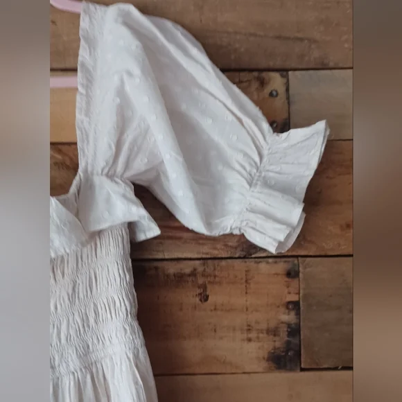 Smocked Cream Maxi Dress with Puff Sleeves - Picture 5 of 13